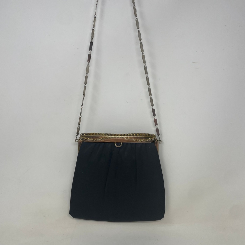 Vintage HL USA Black Satin Evening Bag Gold Frame Chain Shoulder Clutch Bag